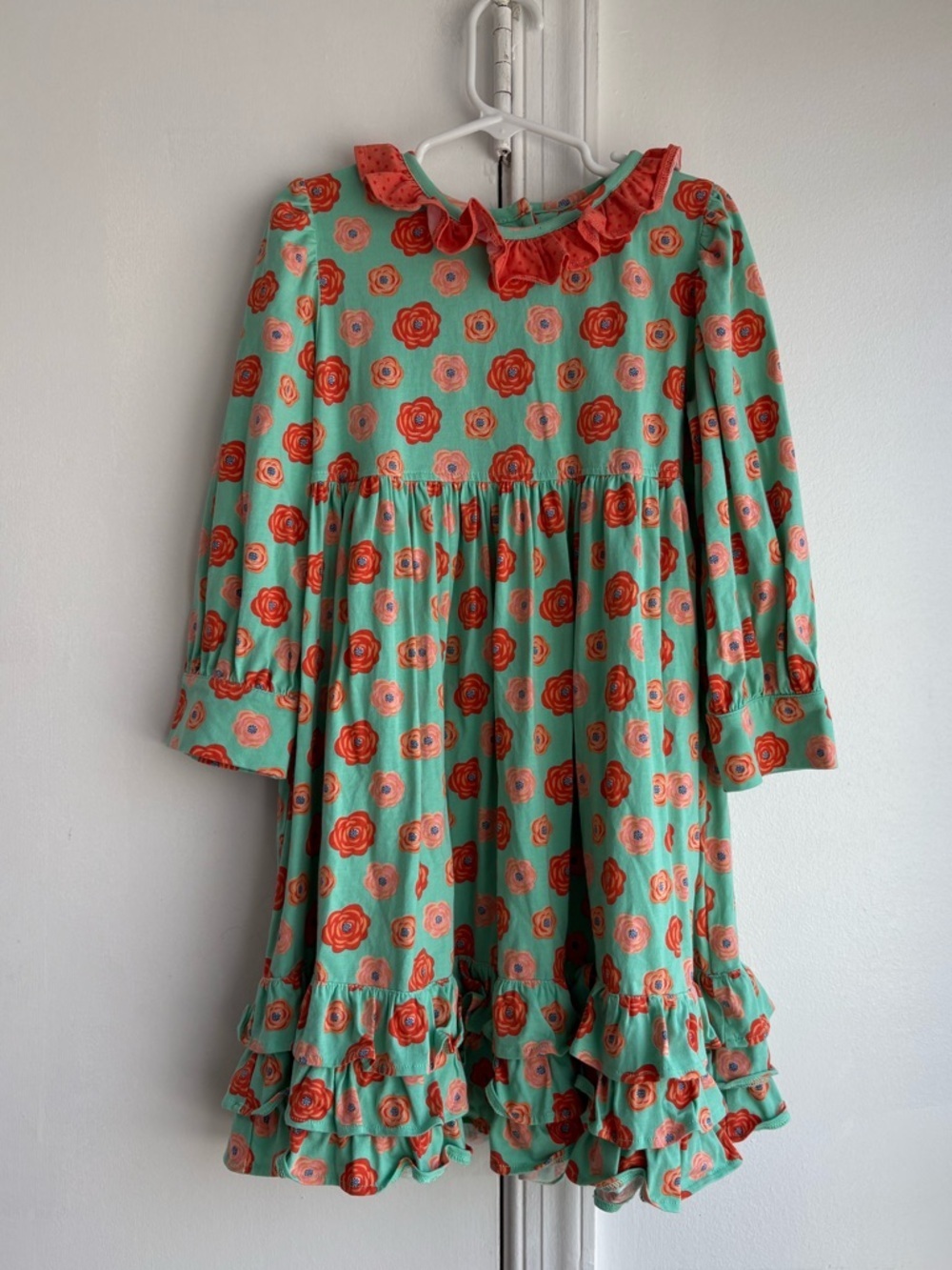 Green Floral Ruffle Hem Long Sleeve Dress with Red Accents